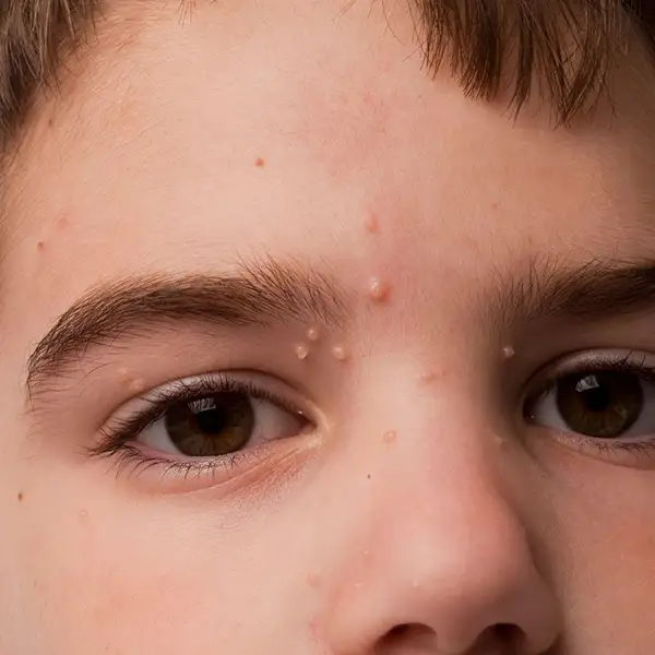A child with molluscum on their face. 